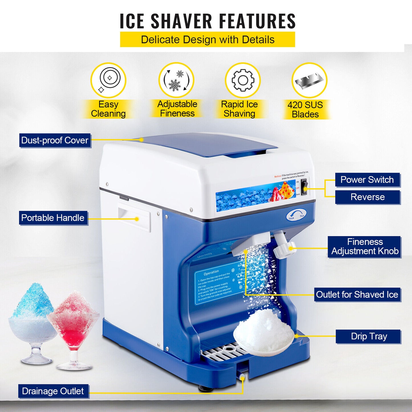 Ice Shaver Snow Cone Maker Ice Crusher Shaver 120kg/h PART NO: ICE120 CODE28