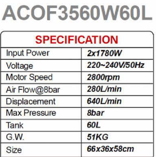 3560W 4.8Hp 60 l Oil-Free Air Compressor Low Maintenance Quiet Part No.: ACOF3560W60L Code 1