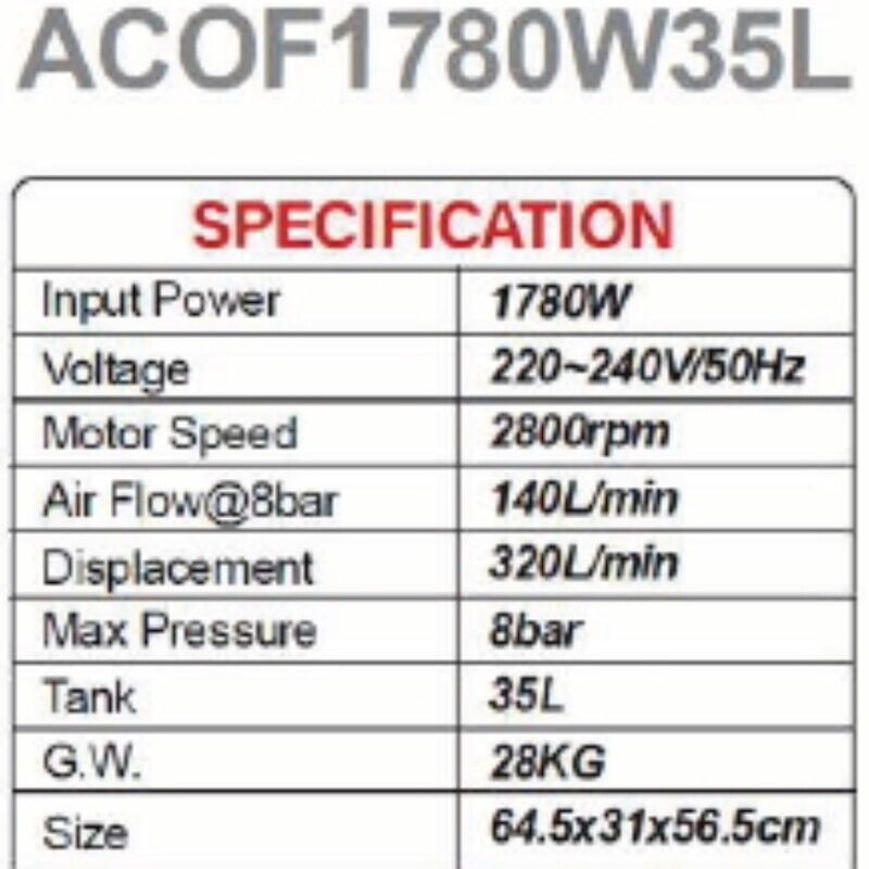 1780W 2.4HP 35 lVOil-Free Air Compressor L/Maintenance Quiet Part : ACOF1780W35L