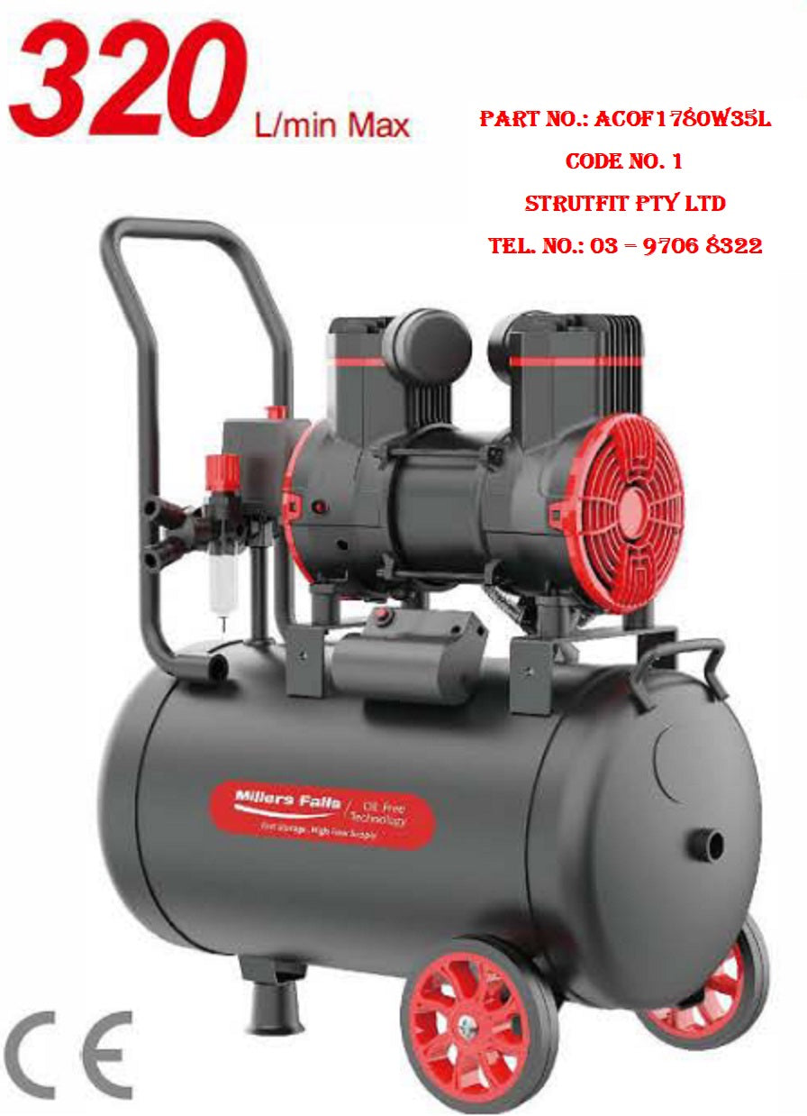 1780W 2.4HP 35 lVOil-Free Air Compressor L/Maintenance Quiet Part : ACOF1780W35L