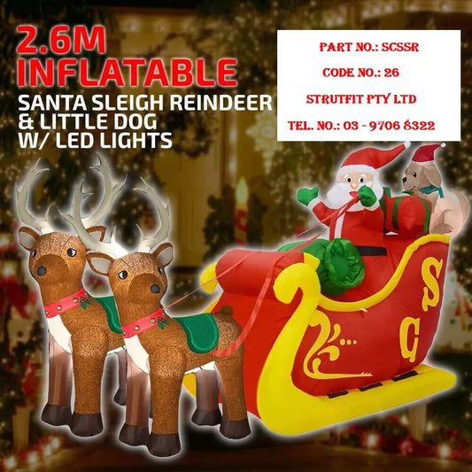 CHRISTMAS Santa Sleigh Reindeer w/Led Lights 2.6m Part No.: SCSSR Code No. 26