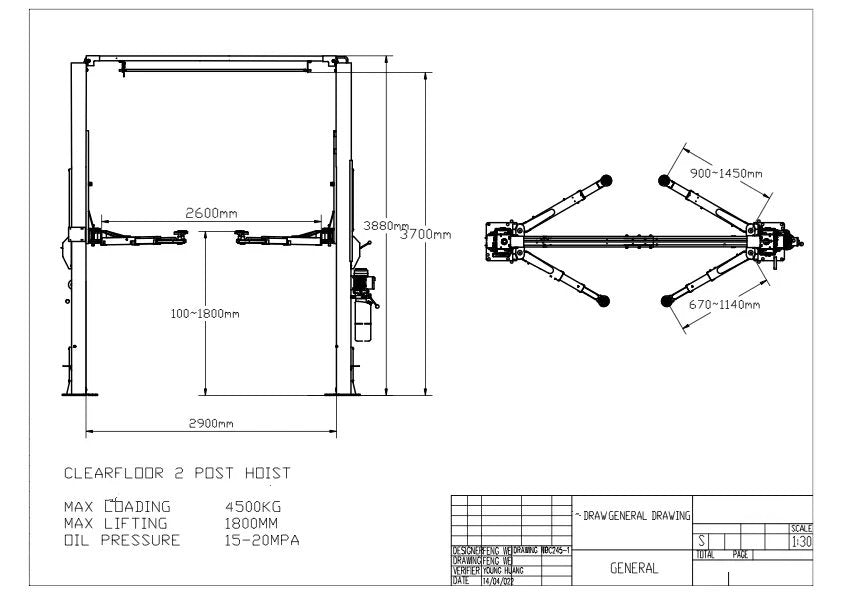 4.5 ton 2 Post Clear floor Car Hoist Part No. STPC245 Code 13