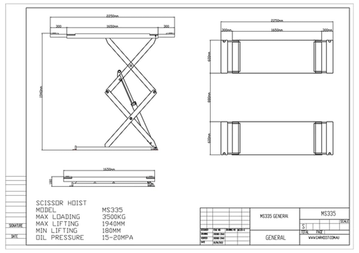 HOIST – 3.5 Ton full rise scissor hoist Part No.: SMS335 Code No. 13 PREORDER