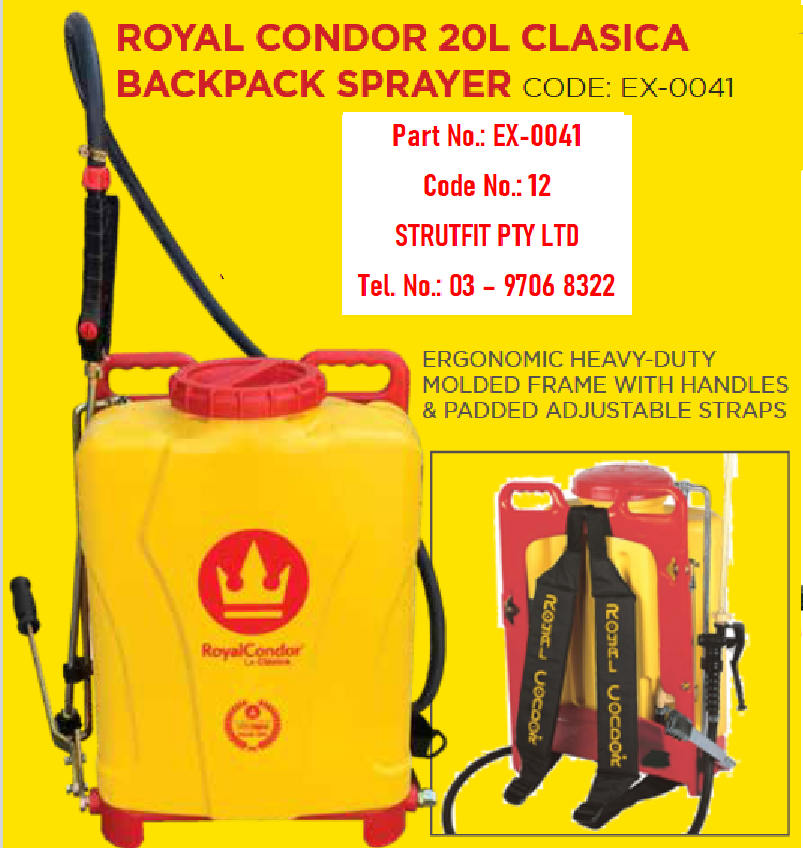 BACKPACK SPRAYER – 20 litres Royal Condor Part No.: EX-0041 Code No.: 12