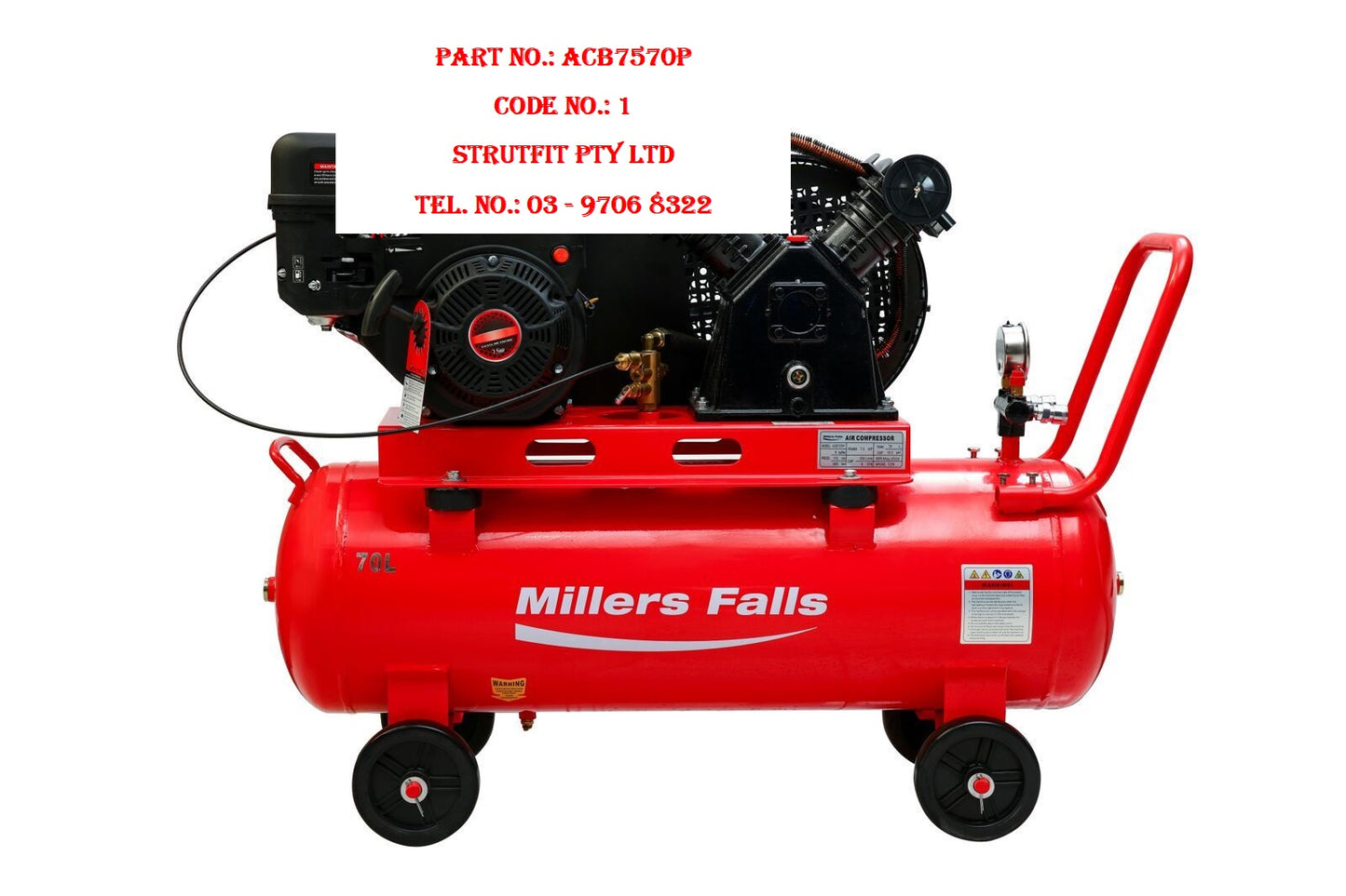 70l 7.5HP Motor AIR COMPRESSOR Petrol 2 cyl. Part No.: ACB7570P Code 1