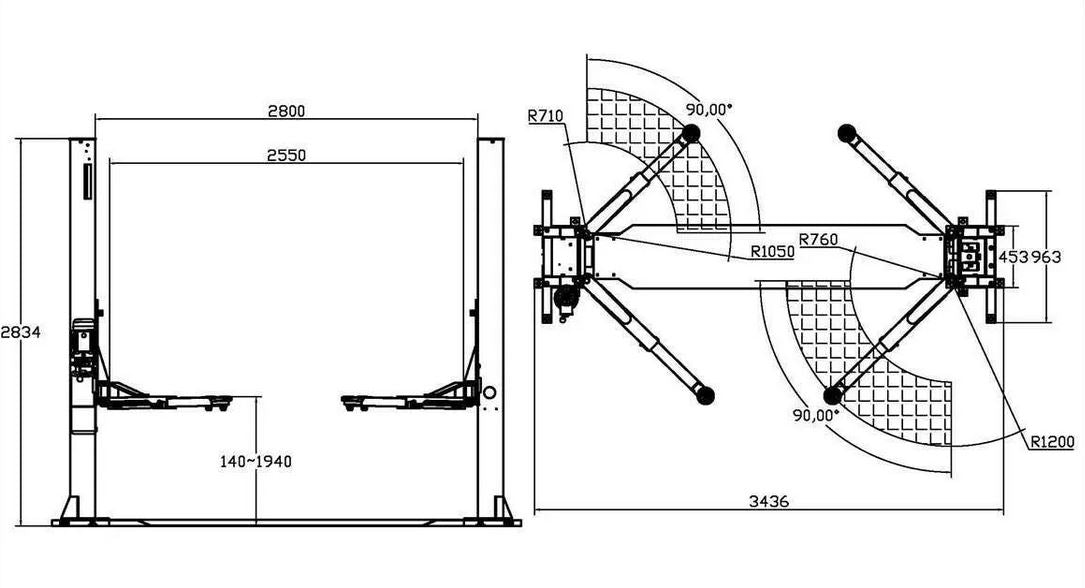 4.0T Baseplate 2 Post Car Hoist with Sub-Frame PART NO: SFTPB140P CODE: 13