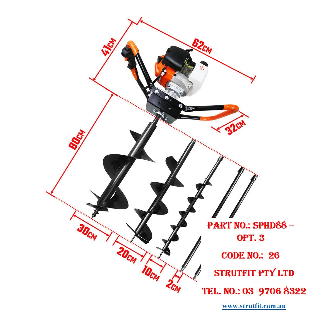 Post Hole Digger Earth Auger 88CC - 3 augers & 2 ext. poles Part No.: SPHD88-OPT 3 Code 26