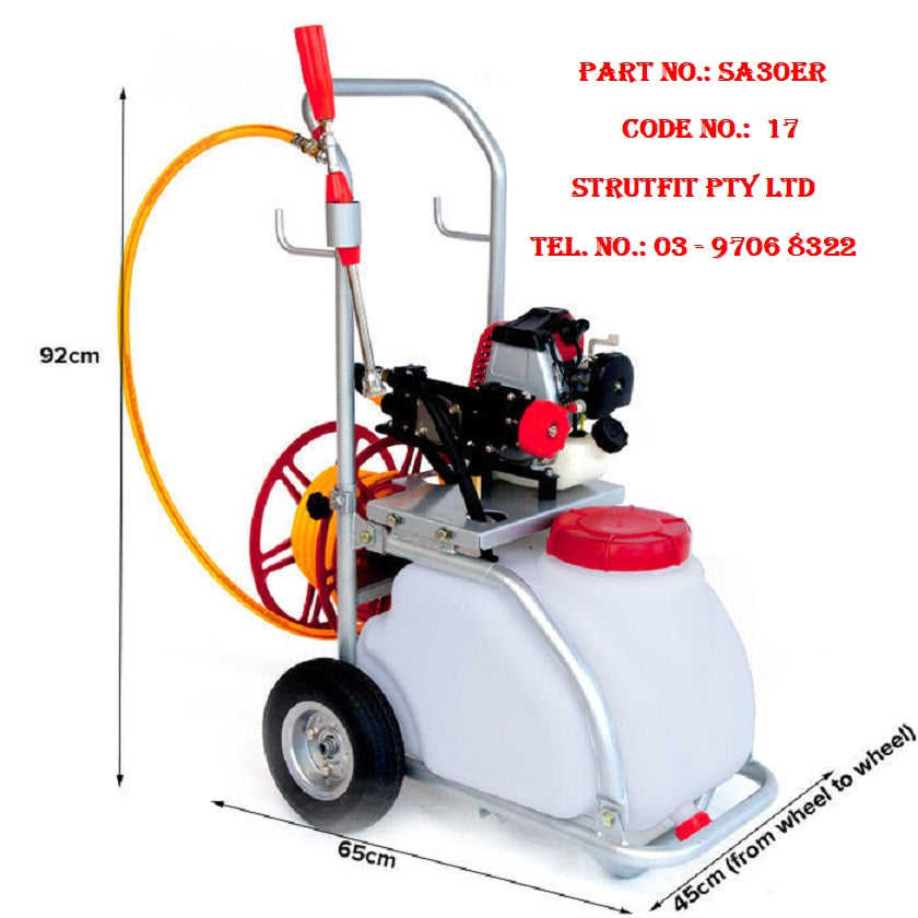 30L Power Sprayer Weed/Pest w Tank Trolley Hose Reel Part No. SA30ER Code 17