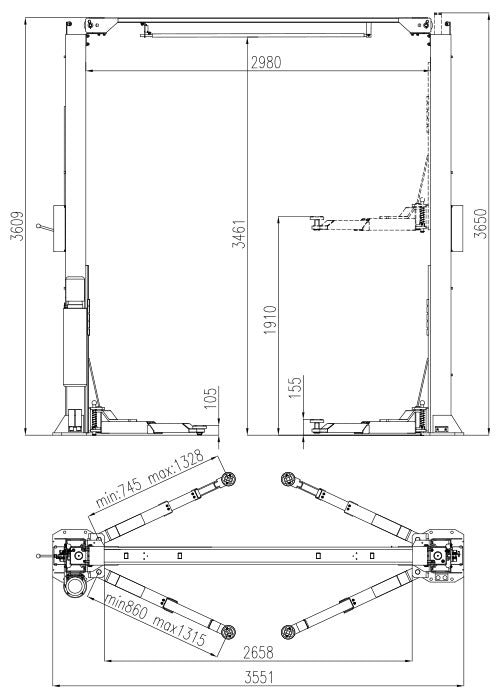 CAR HOIST - 2 Post Hoist – 4.5 Ton Clear Floor Part No: 2P4.5CLEARFCH Code No.: 3